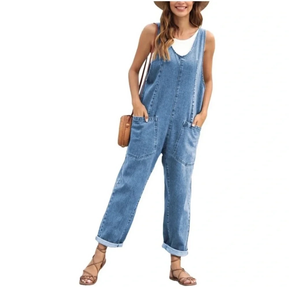 Denim Jean Baggy Overall Jumpsuit Womens Small Blue Sleeveless Adjustable Straps